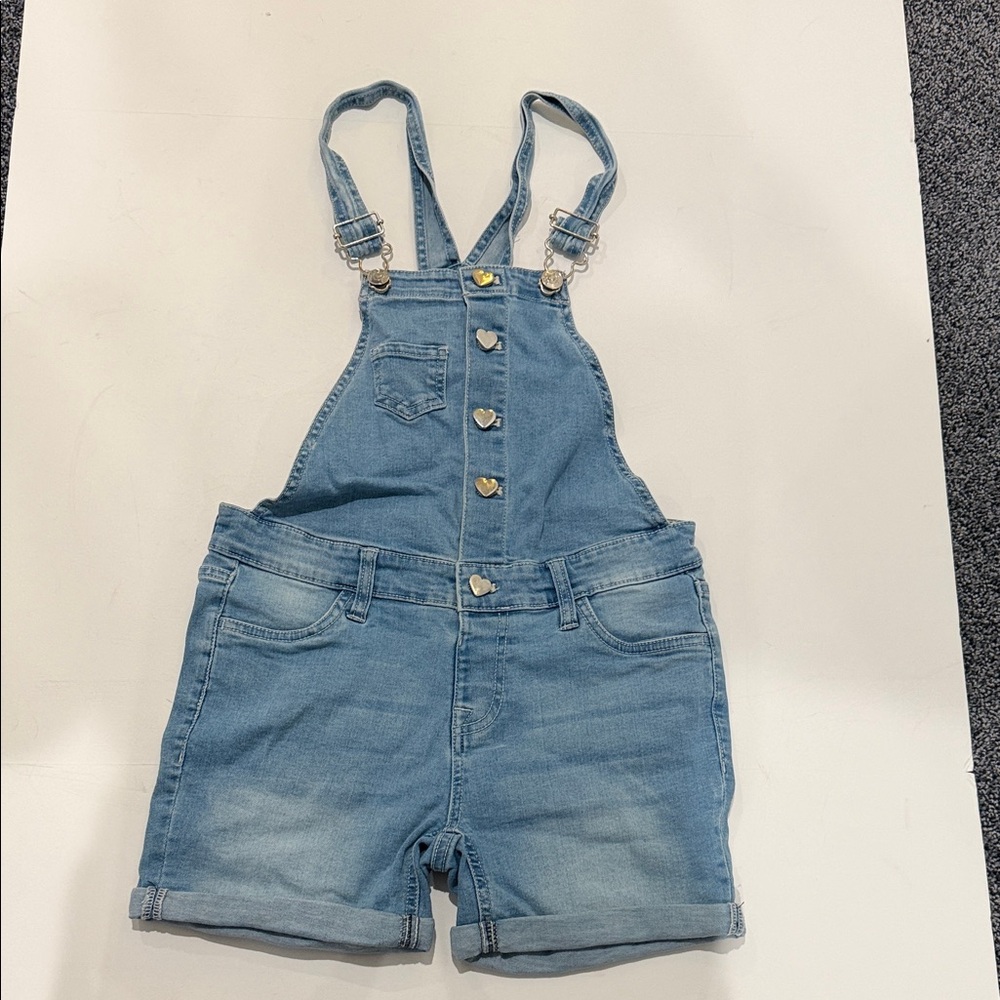 Vigoss Light Blue Denim Heart-Button Short Overalls - Kids